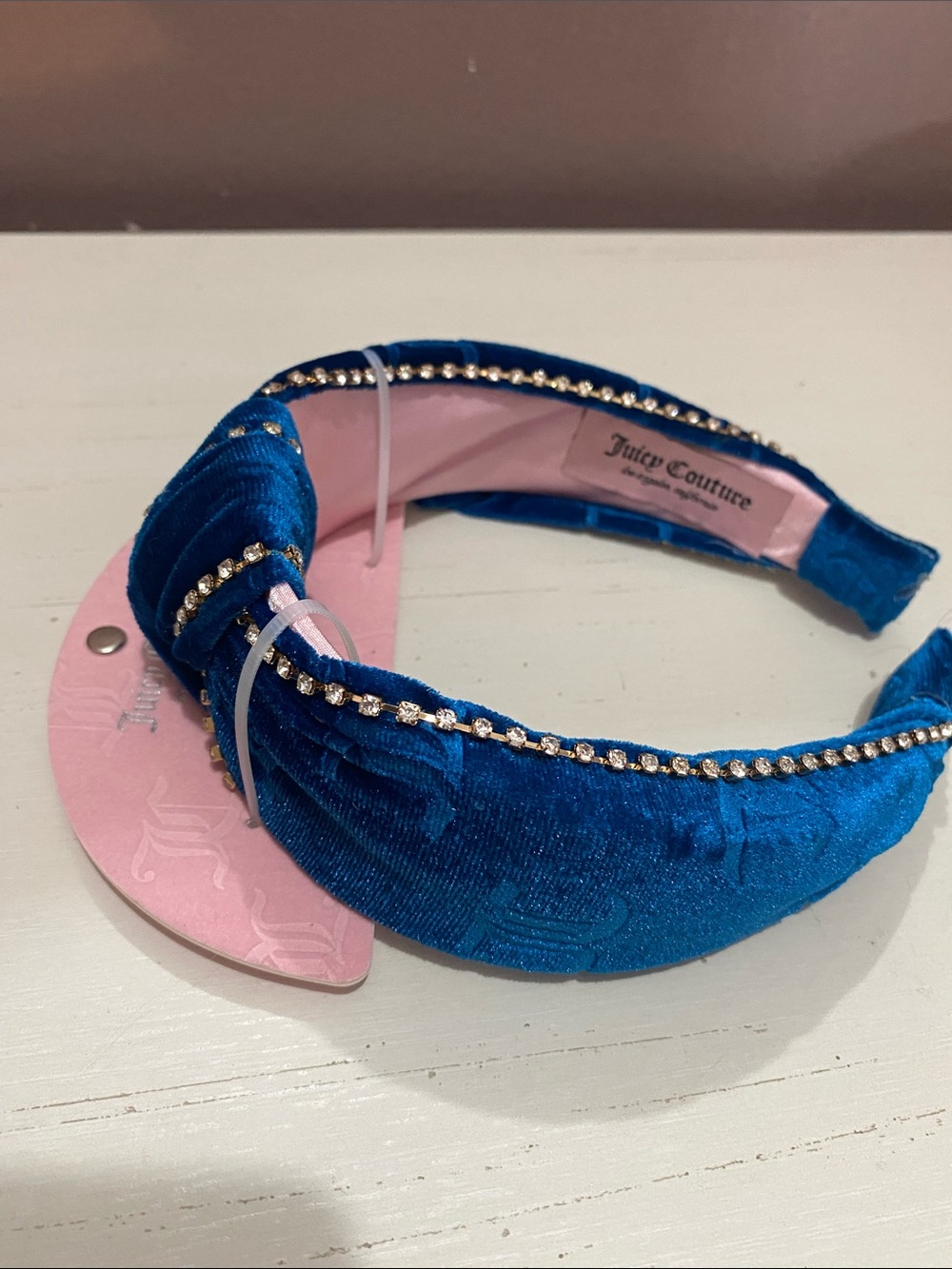 Juicy Couture Royal Blue Velvet Knot Headband with Rhinestone Trim